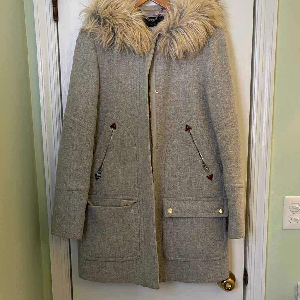 J. Crew Gray Stadium Coat with Fur Trim